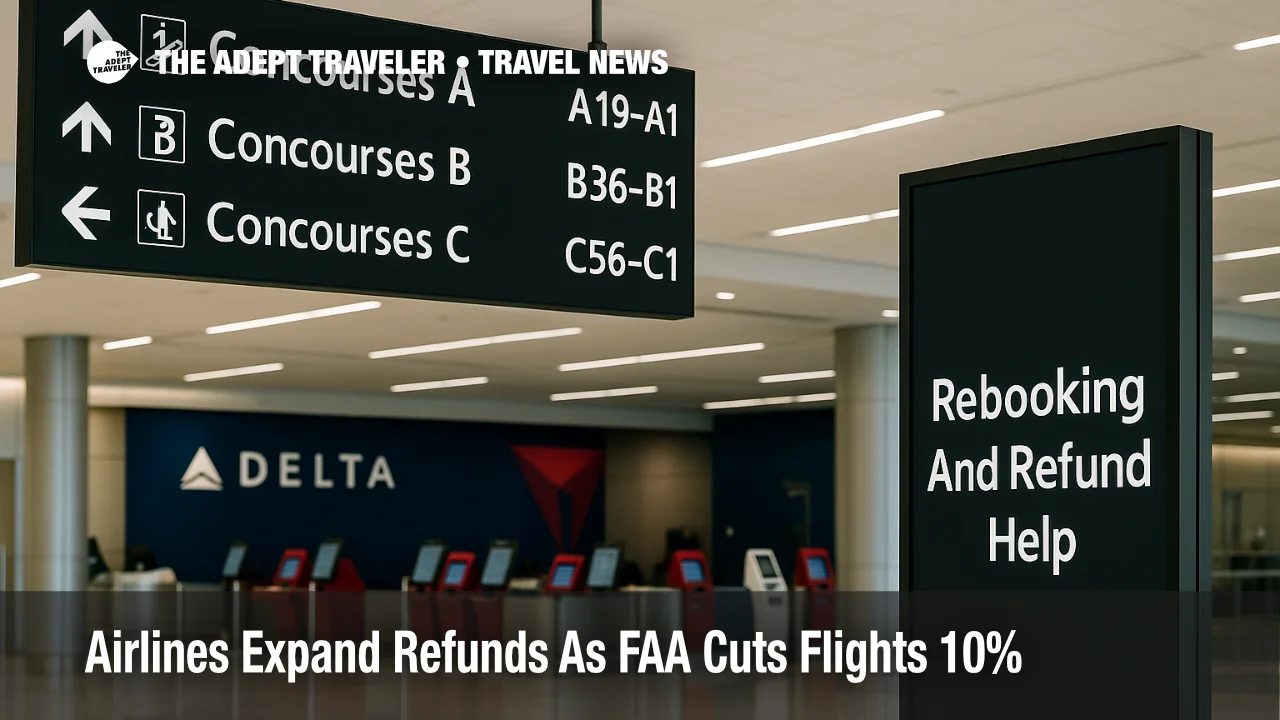 ATL concourse with wayfinding and a digital notice for rebooking and refunds as airlines adjust schedules during FAA traffic cuts