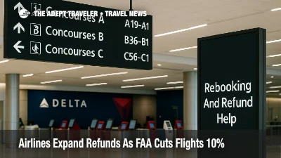 ATL concourse with wayfinding and a digital notice for rebooking and refunds as airlines adjust schedules during FAA traffic cuts
