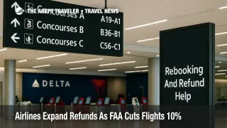 ATL concourse with wayfinding and a digital notice for rebooking and refunds as airlines adjust schedules during FAA traffic cuts