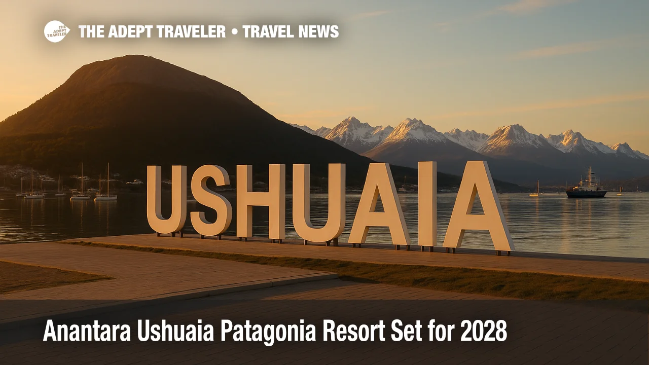 Warm sunset over Ushuaia's harbor and Monte Susana, a realistic waterfront scene near Tierra del Fuego National Park for Anantara Ushuaia Patagonia Resort