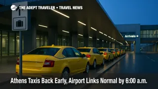 Early morning taxi rank at Athens International Airport with yellow cabs staged under TAXI signage as service resumes at 6:00 a.m., easing airport transfers