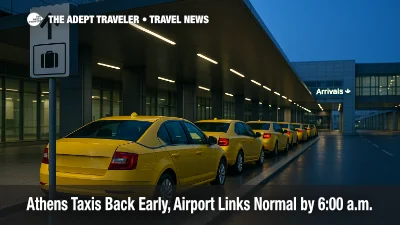 Early morning taxi rank at Athens International Airport with yellow cabs staged under TAXI signage as service resumes at 6:00 a.m., easing airport transfers