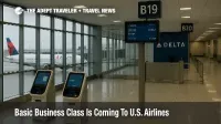Delta widebody at an ATL gate with concourse signage and kiosks, illustrating operations as basic business class fares roll out in 2026