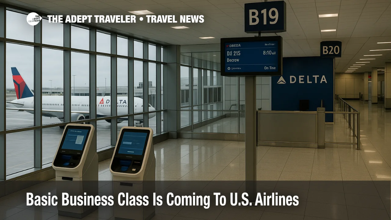 Delta widebody at an ATL gate with concourse signage and kiosks, illustrating operations as basic business class fares roll out in 2026