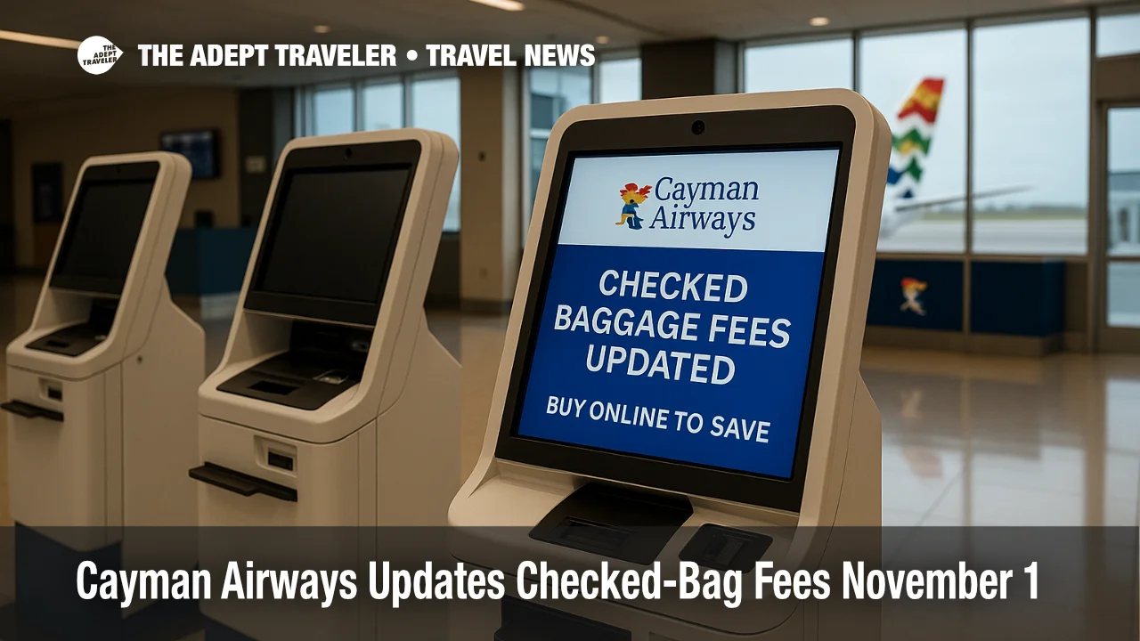 Cayman Airways check-in kiosks at GCM with a kiosk screen noting updated checked-baggage fees, showing the departures hall and a Cayman tail through glass