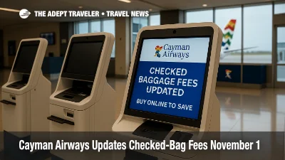 Cayman Airways check-in kiosks at GCM with a kiosk screen noting updated checked-baggage fees, showing the departures hall and a Cayman tail through glass