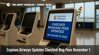 Cayman Airways check-in kiosks at GCM with a kiosk screen noting updated checked-baggage fees, showing the departures hall and a Cayman tail through glass