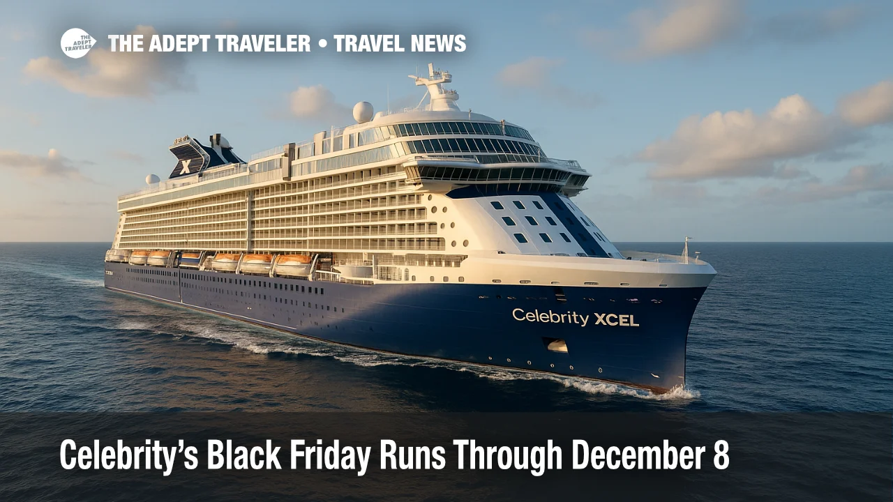Celebrity Xcel docked at Port Everglades Terminal 25 with clear signage, highlighting Celebrity Cruises Black Friday savings through December 8
