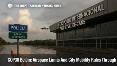 Belém airport entrance with COP30 access control sign and barricades, wet pavement, and control tower visible, warning travelers to expect detours near Parque da Cidade