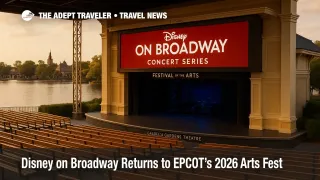 EPCOT America Gardens Theatre stage with "Disney on Broadway Concert Series" signage during the 2026 Festival of the Arts, no audience, late afternoon glow