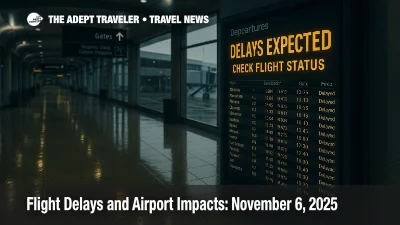 Overcast concourse at Chicago O'Hare with departures board reading Delays Expected, capturing flight delay advisory conditions on November 6, 2025