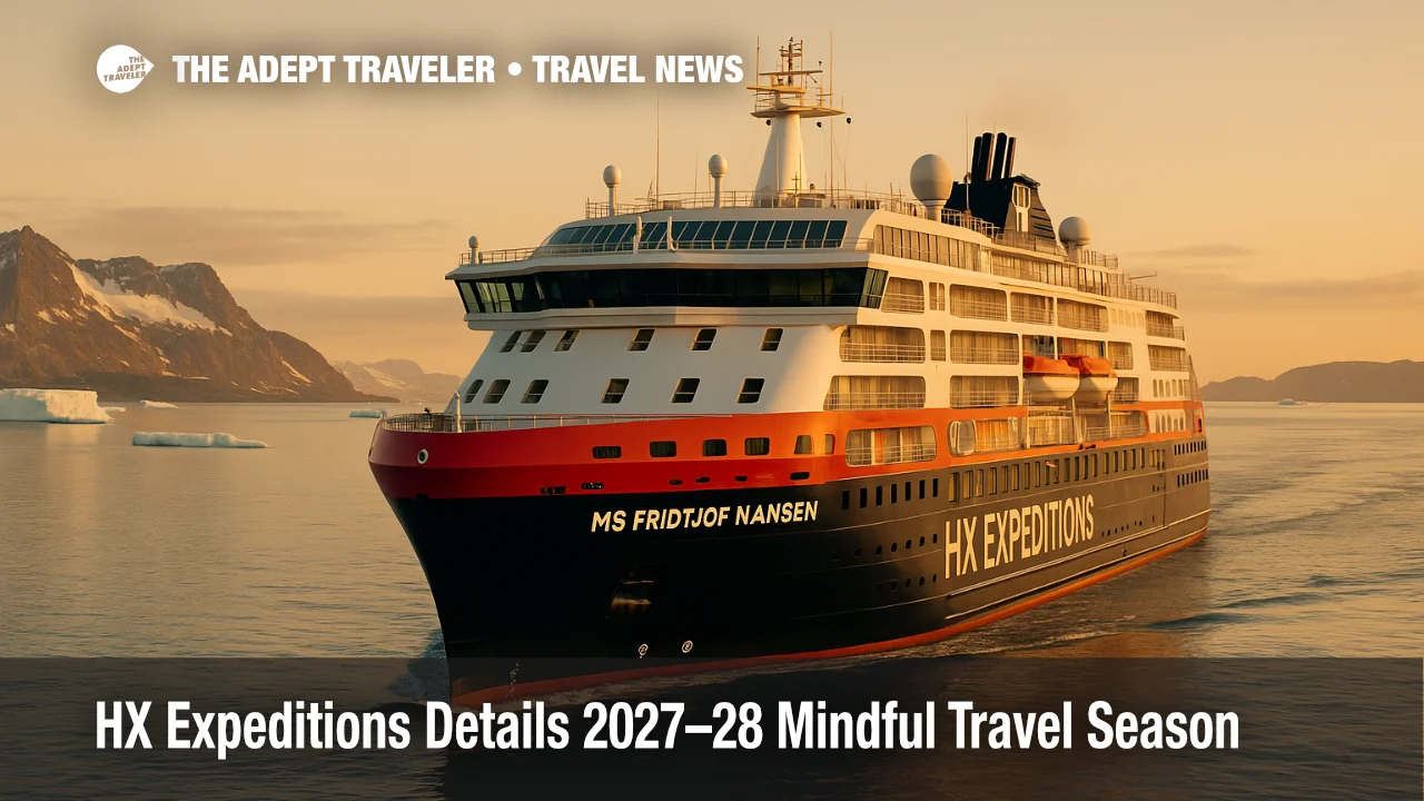 HX Expeditions' MS Fridtjof Nansen cruising along the Antarctic Peninsula, warm late-day light and low icebergs signal the 2027-28 season's immersive focus