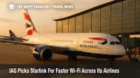 British Airways jet at a London Heathrow gate, highlighting IAG's Starlink Wi-Fi rollout beginning in early 2026 across European and long-haul fleets