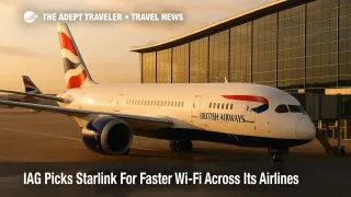 British Airways jet at a London Heathrow gate, highlighting IAG's Starlink Wi-Fi rollout beginning in early 2026 across European and long-haul fleets