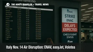 Departures hall at Rome Fiumicino with ENAC strike notice and "Delays Expected" board, illustrating Italy Nov. 14 air traffic control and airline strikes