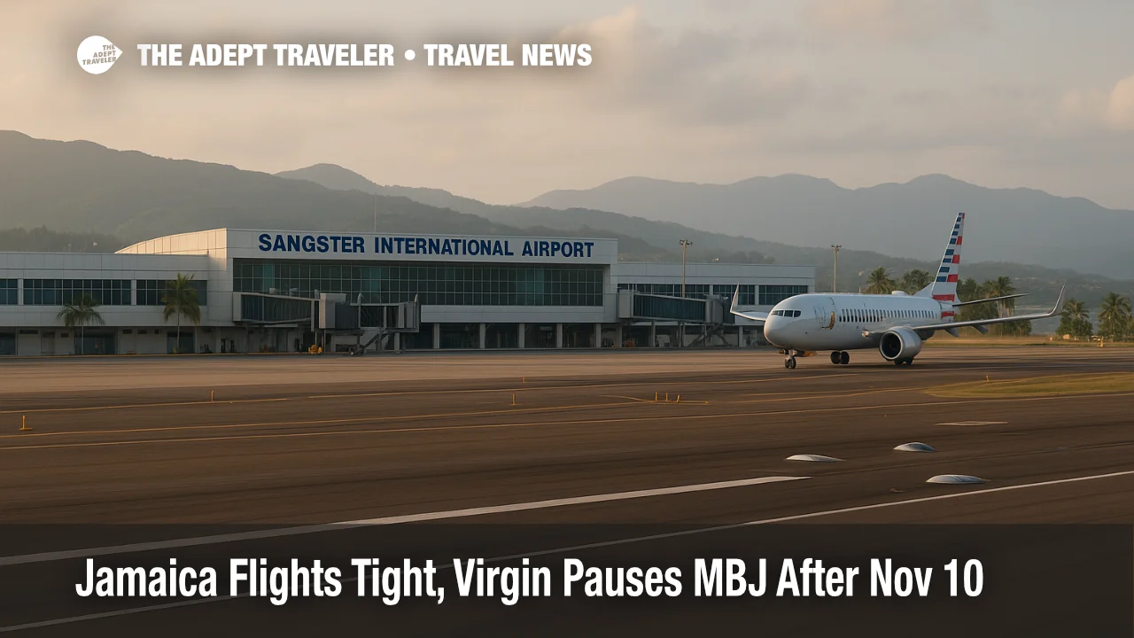 Montego Bay’s Sangster International Airport (MBJ), a single jet taxiing at sunset during Jamaica flight recovery