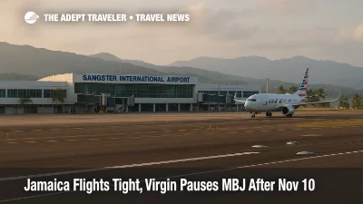 Montego Bay’s Sangster International Airport (MBJ), a single jet taxiing at sunset during Jamaica flight recovery