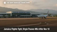 Montego Bay’s Sangster International Airport (MBJ), a single jet taxiing at sunset during Jamaica flight recovery