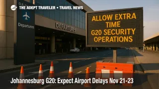 O. R. Tambo departures curb with cones and a "Allow Extra Time, G20 Security Operations" sign, signaling road closures and delays during Johannesburg's G20