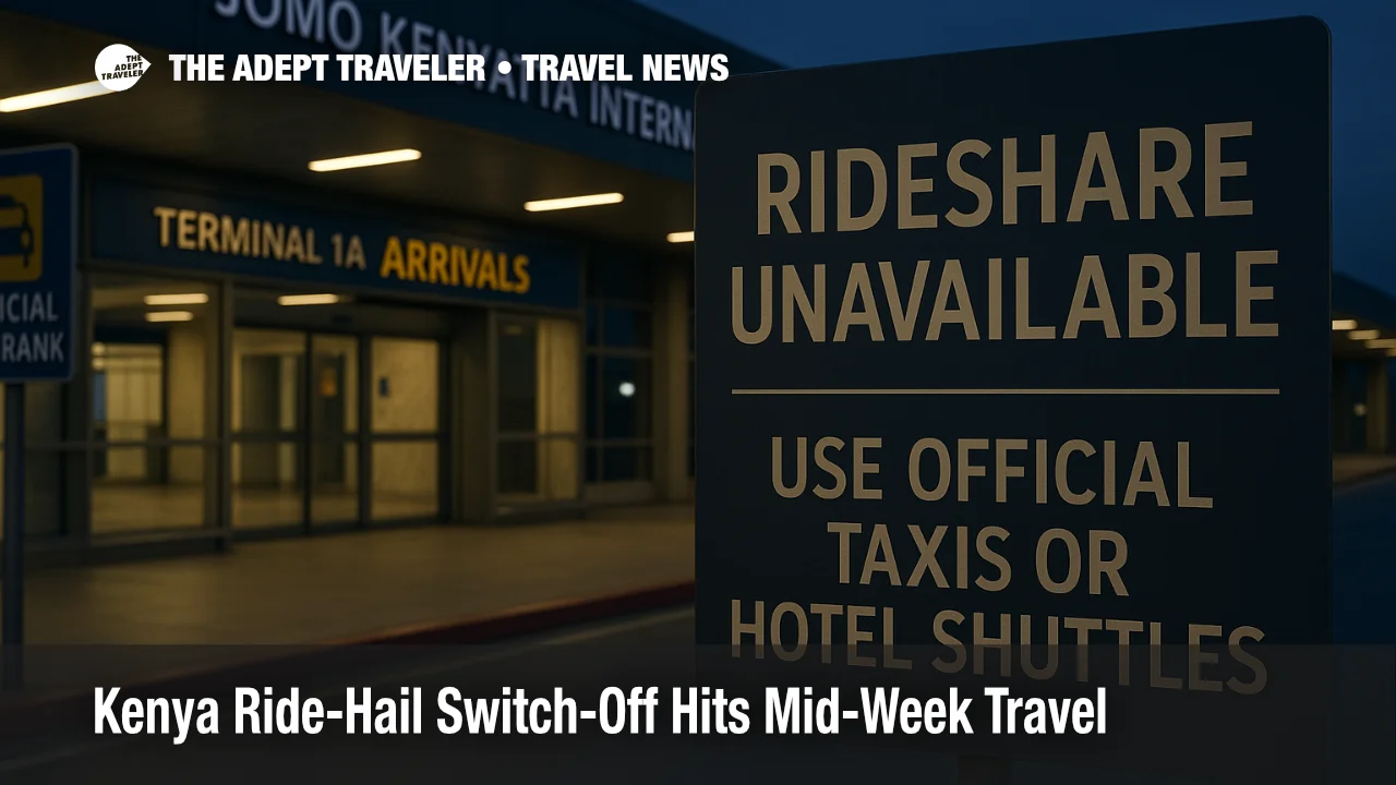 Nairobi JKIA arrivals curb with official taxi rank, realistic signage noting ride-hail unavailable, evening light and readable wayfinding, Kenya airport transfer