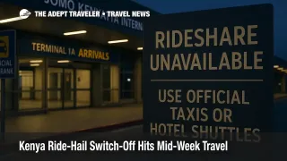 Nairobi JKIA arrivals curb with official taxi rank, realistic signage noting ride-hail unavailable, evening light and readable wayfinding, Kenya airport transfer