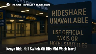 Nairobi JKIA arrivals curb with official taxi rank, realistic signage noting ride-hail unavailable, evening light and readable wayfinding, Kenya airport transfer