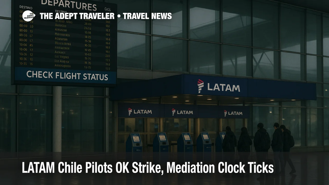 Overcast scene at Santiago's main terminal with departures board reading Check Flight Status, signaling possible LATAM pilots strike and travel delays