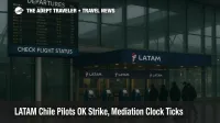 Overcast scene at Santiago's main terminal with departures board reading Check Flight Status, signaling possible LATAM pilots strike and travel delays