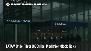 Overcast scene at Santiago's main terminal with departures board reading Check Flight Status, signaling possible LATAM pilots strike and travel delays