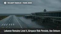 Overcast view of Beirut-Rafic Hariri International's coastal runway and terminal, highlighting sea-approach procedures amid Lebanon Level 4 advisory