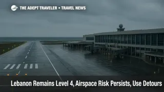 Overcast view of Beirut-Rafic Hariri International's coastal runway and terminal, highlighting sea-approach procedures amid Lebanon Level 4 advisory