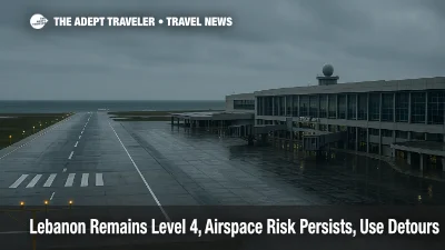 Overcast view of Beirut-Rafic Hariri International's coastal runway and terminal, highlighting sea-approach procedures amid Lebanon Level 4 advisory