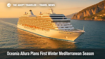 Oceania Allura sails along a sunlit Mediterranean coast at golden hour, calm blue seas and rugged cliffs framing the ship