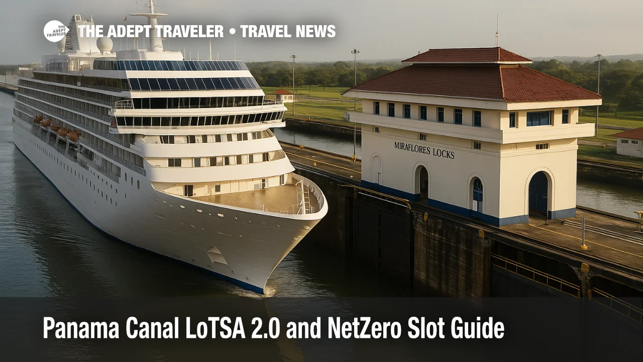 Cruise ship entering Miraflores Locks at the Panama Canal, control house signage visible, late-afternoon light, accurate view for Panama Canal cruise planning