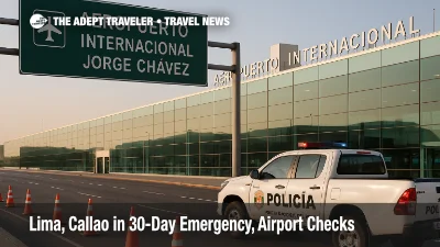 Airport access road to Jorge Chávez International Airport with Policía truck and cones, signaling security checks during the Lima and Callao state of emergency