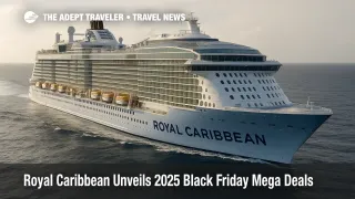 Royal Caribbean cruise ship at sea in overcast light, starboard three quarter view with foamy wake and hull branding visible