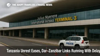 Departures board at Dar es Salaam's Julius Nyerere International Airport with advisory to confirm flights and ferries amid easing unrest