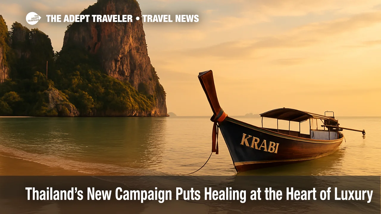 Long-tail boat at Railay Beach in Krabi with limestone cliffs and calm Andaman Sea, reflecting Thailand's "Healing is the New Luxury" campaign