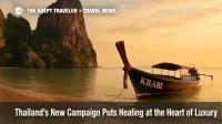 Long-tail boat at Railay Beach in Krabi with limestone cliffs and calm Andaman Sea, reflecting Thailand's
