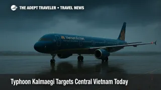 Vietnam Airlines A321 on wet tarmac at Phu Cat Airport as Typhoon Kalmaegi brings delays and low clouds to central Vietnam