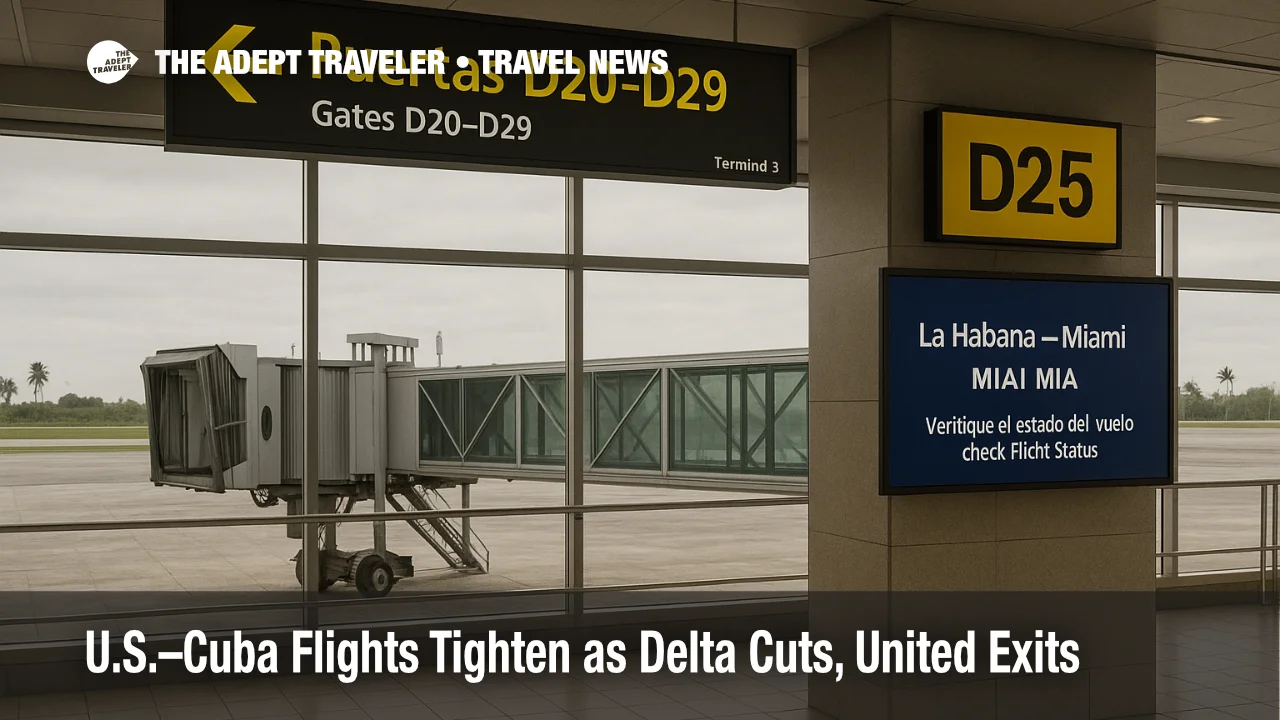 Havana departures gate with screen advising travelers to check Miami flight status, illustrating reduced U.S.-Cuba service this winter