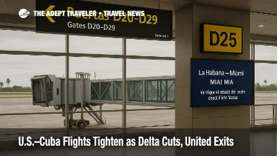 Havana departures gate with screen advising travelers to check Miami flight status, illustrating reduced U.S.-Cuba service this winter