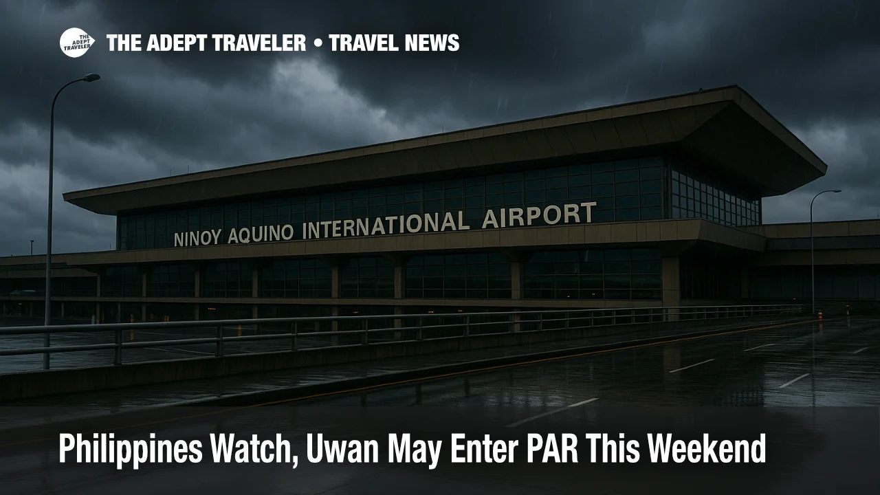 Stormy evening at Ninoy Aquino International Airport (MNL), wet pavement and dark clouds as Uwan may enter PAR this weekend