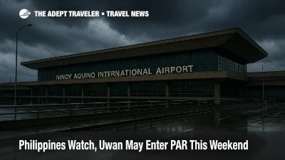 Stormy evening at Ninoy Aquino International Airport (MNL), wet pavement and dark clouds as Uwan may enter PAR this weekend