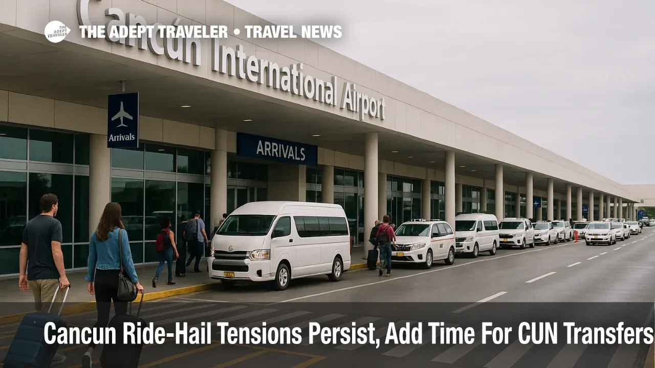 Subtle arrivals-curb scene at Cancun International Airport with small groups heading to official pickup zones, illustrating airport transfers and ride-hail guidance