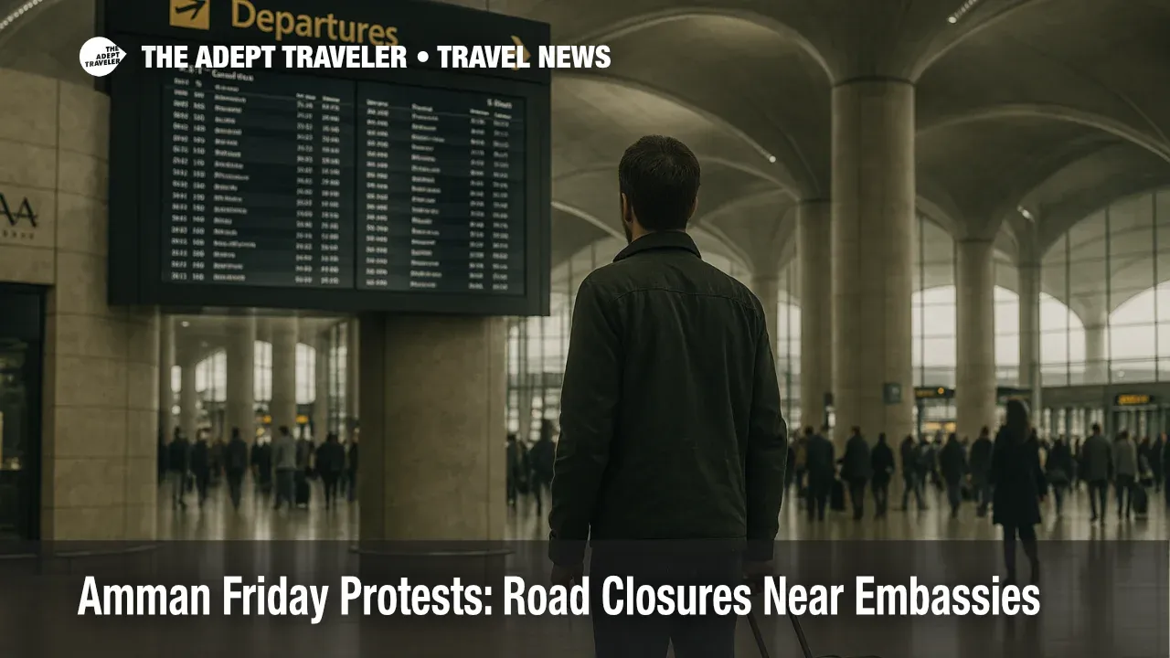 Traveler checks departures board inside Queen Alia Airport as Friday protests slow roads in Amman, subtle crowd and real wayfinding visible