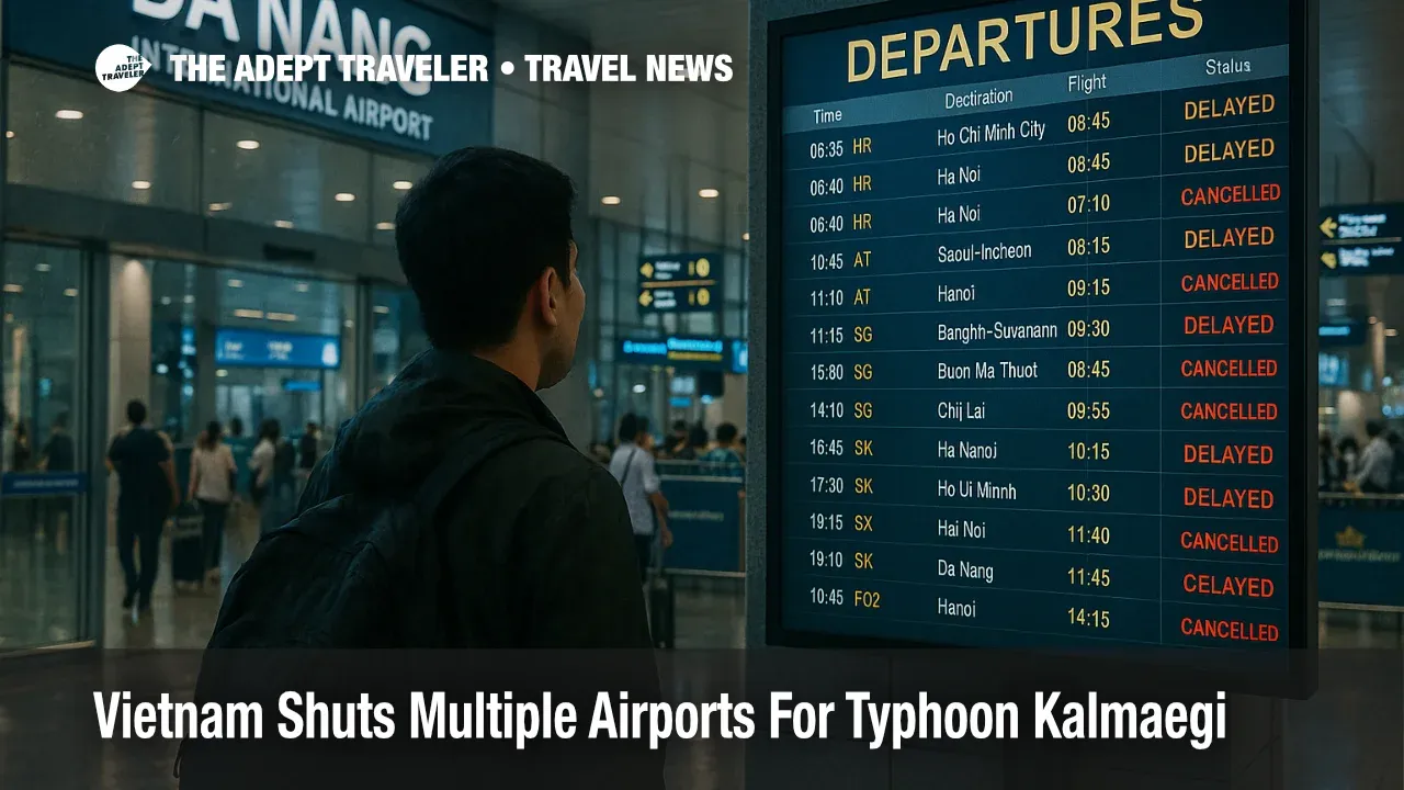 Traveler checks the departures board inside Da Nang airport as Kalmaegi disruptions ease, subtle crowd and wet floor reflections signal weather delays