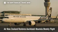 Air New Zealand A321neo taxiing at Auckland Airport, with terminal and tower visible, illustrating the resumed Auckland-Nouméa flight