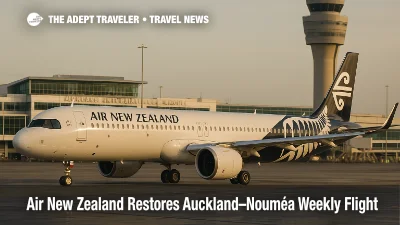 Air New Zealand A321neo taxiing at Auckland Airport, with terminal and tower visible, illustrating the resumed Auckland-Nouméa flight