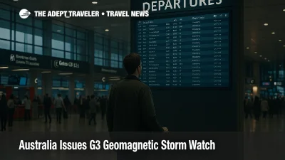 Traveler checks departures board at Sydney Kingsford Smith during G3 geomagnetic storm watch, subtle crowd and authentic wayfinding in evening concourse